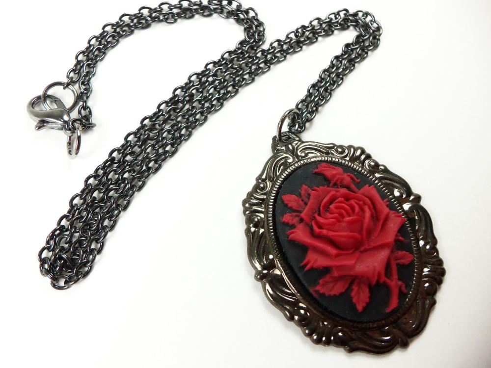 Victorian Style Necklace Red Rose Jewelry Dark Gun Metal Jewelry