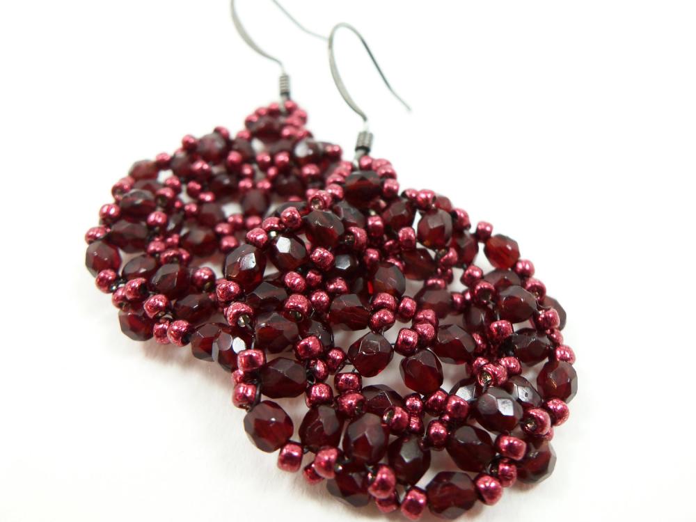 Dark Wine Beaded Earrings Dark Red Jewelry Gun Metal Earwires Deep Red Beaded Jewelry