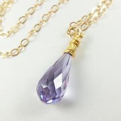 Light Purple Wire Wrapped Drop Necklace Gold Jewelry Cubic Zirconia Necklace 14K Gold