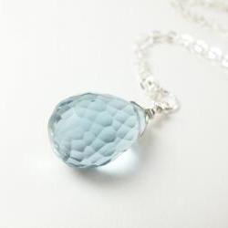 Light Blue Crystal Necklace Sterling Silver Jewelry Briolette Wire Wrapped