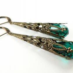 Emerald Green Earrings Brass Filigree Leverback Teardrop Earrings Victorian Jewelry