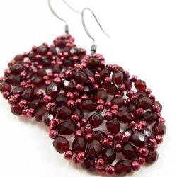 Dark Wine Beaded Earrings Dark Red Jewelry Gun Metal Earwires Deep Red Beaded Jewelry