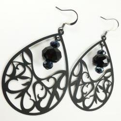 Teardrop Black Crystal Earrings Gun Metal Dark Statement Jewelry